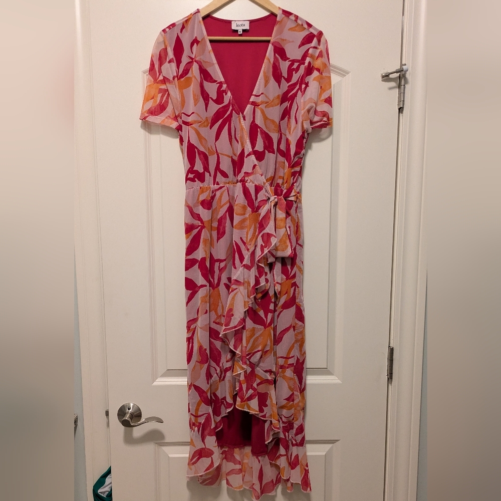 Leota  Pink and Orange Floral Wrap High-Low Dress